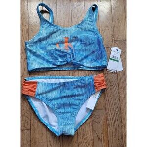 NEW Calvin Klein Girls' Large 12/14 Two-Piece Blue Orange Bikini Swimsuit